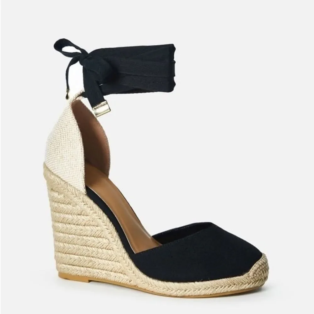 JustFab Women's Black Espadrille Wedge Sandals Size 9.5 Ankle Tie